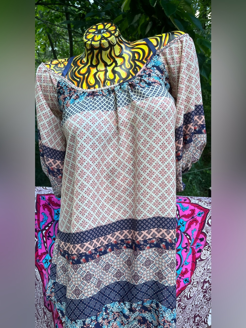 bailey blue Cream and Navy Mixed-Print Peasant Tunic